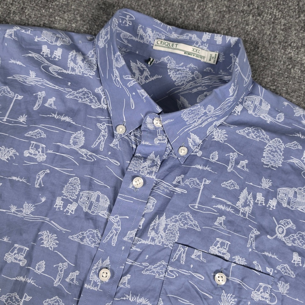 Criquet Button Down Shirt Mens XXL Blue Golf Print Short Sleeve Cotton‎ Tencel